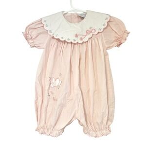 Bebe Gynne Percy Vintage Pink Romper Embroidered Scallop Collar Baby 12 Months